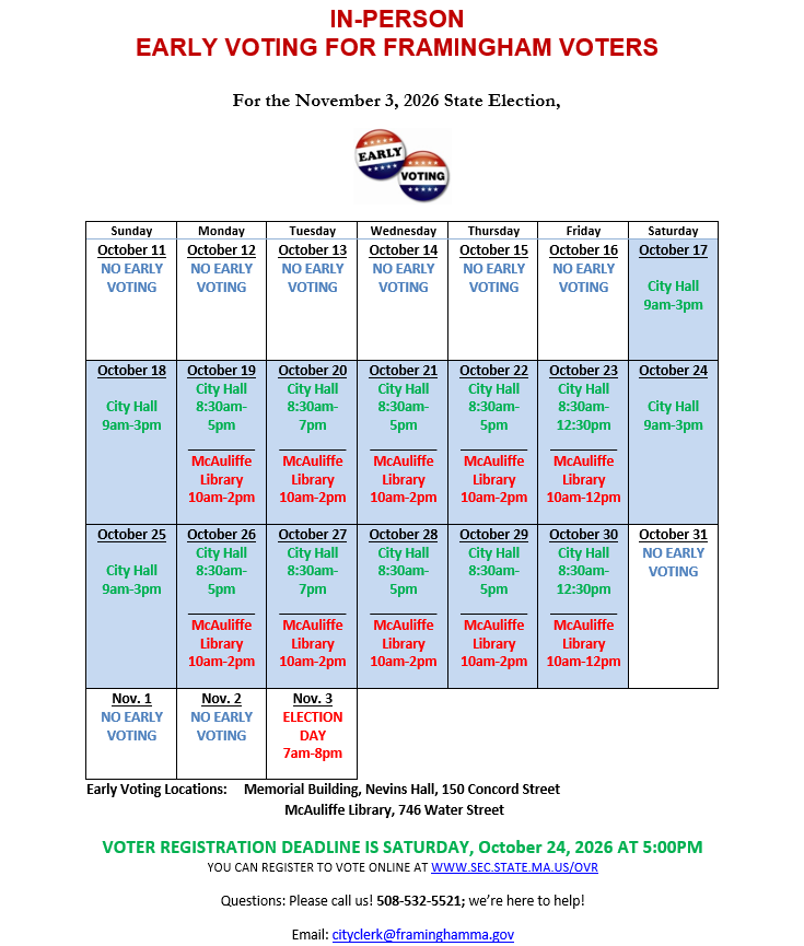 Framingham in-person early voting schedule for the November 3, 2026 state election in a calendar-like format. Early voting runs October 17–30 at City Hall, 150 Concord Street, and October 19–30 on weekdays at McAuliffe Library, 746 Water Street. City Hall hours: Saturdays and Sundays October 17, 18, 24, and 25, 9 a.m.–3 p.m.; Mondays, Wednesdays, and Thursdays, 8:30 a.m.–5 p.m.; Tuesdays, 8:30 a.m.–7 p.m.; Fridays, 8:30 a.m.–12:30 p.m. McAuliffe Library hours: Monday–Thursday, 10 a.m.–2 p.m.; Fridays, 10 a.m.–noon. No early voting October 31–November 2. Election Day voting November 3, 7 a.m.–8 p.m. Voter registration deadline October 24 at 5 p.m.